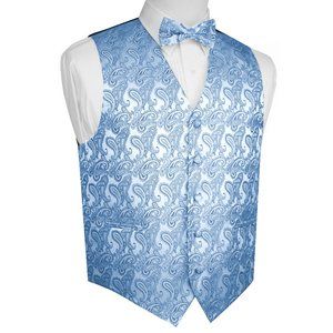 Men's Formal Wedding Prom Tuxedo Vest Bow-Tie Hankie set - Cornflower Paisley